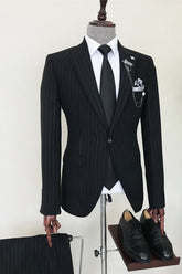 Black Striped Peaked Lapel Men's Business Suit